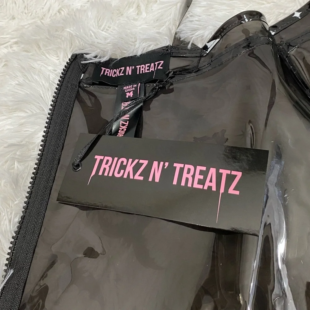 TRICKZ N TREATZ Bat My Lashes Print PVC Vinyl Mini Dress Bat Crescent Moon Black - Picture 13 of 14